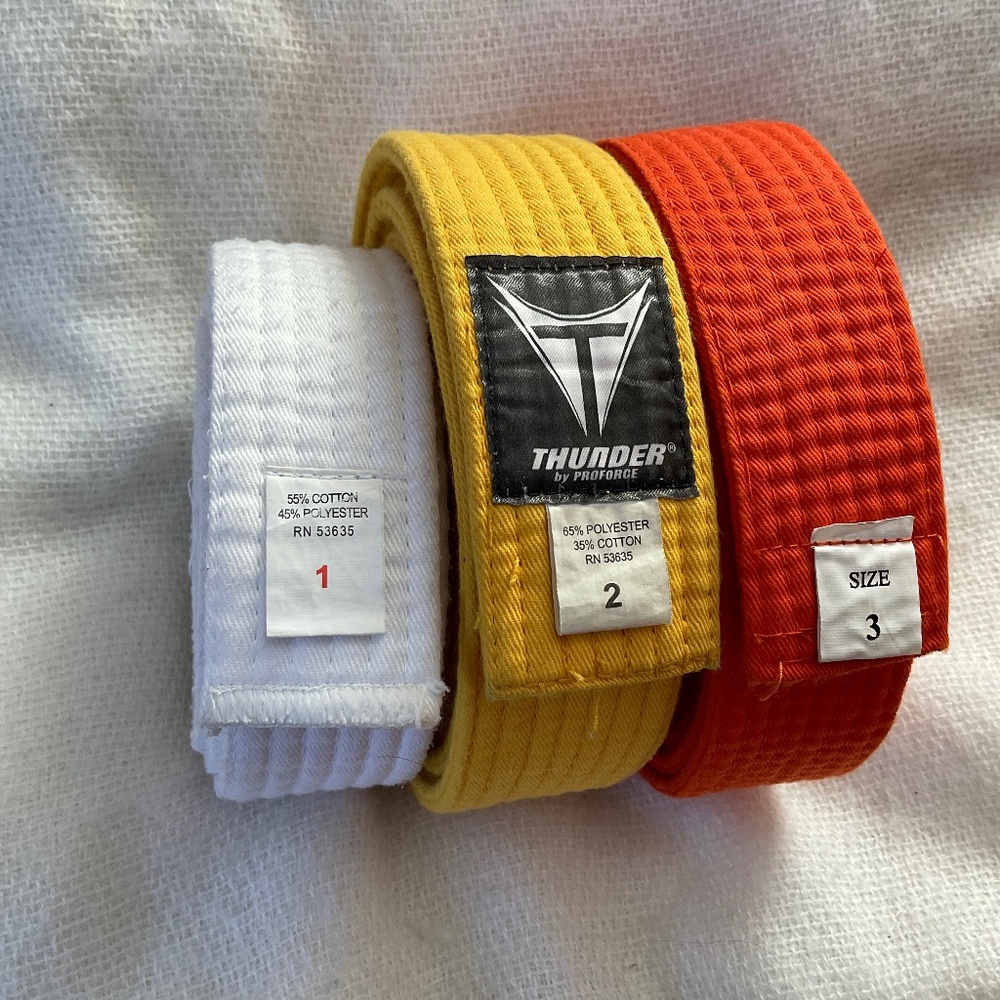 Karate Belts Sizes 1,2,3 White Yellow Orange Double Wrap Cloth